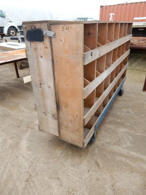 2 sided Wood Storage unit on Heavy metal cart