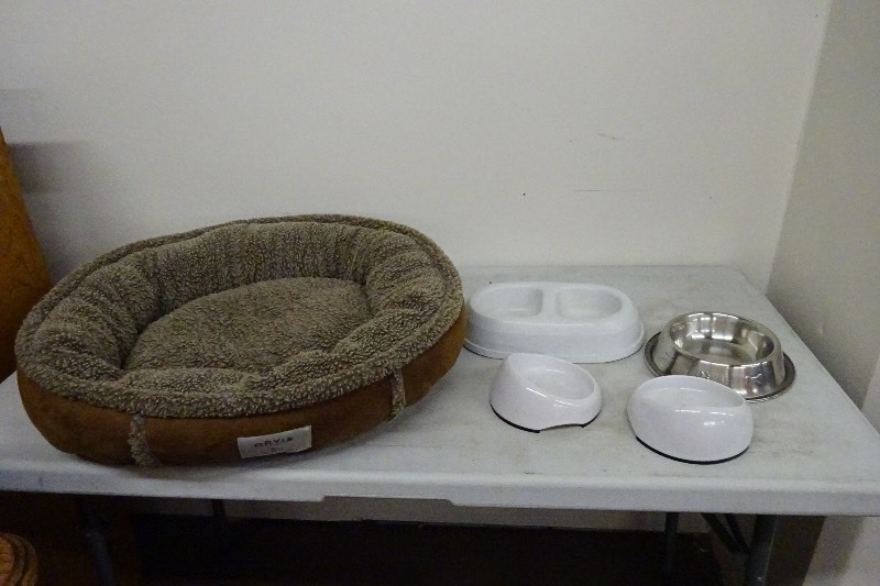 Dog Bed and dishes
