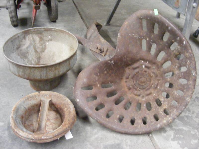 Metal Pieces including vintage tractor seat