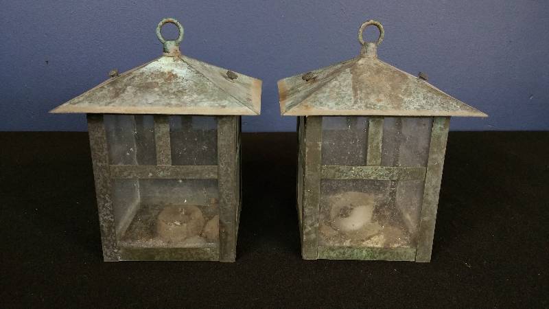 lot 18 image: Matching Pair of Antique Copper Outdoor Candle Lamps