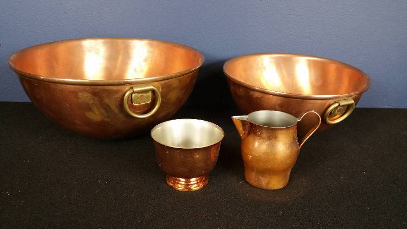 lot 31 image: Vintage Solid Copper Chefs Egg White Bowls  Cream & Sugar
