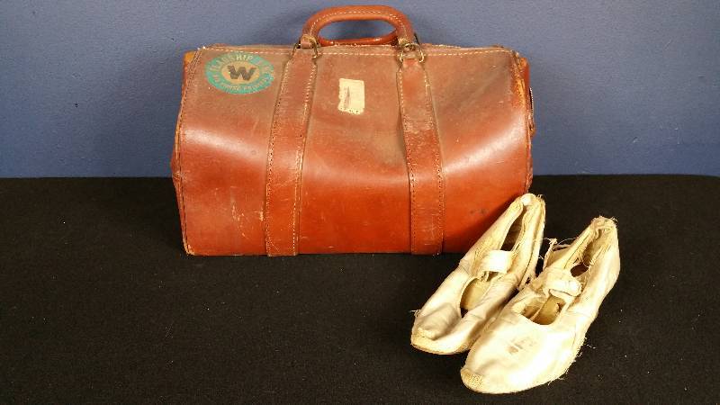 lot 35 image: Early Leather Travel Bag w Customs Stamp & Wedding Shoes