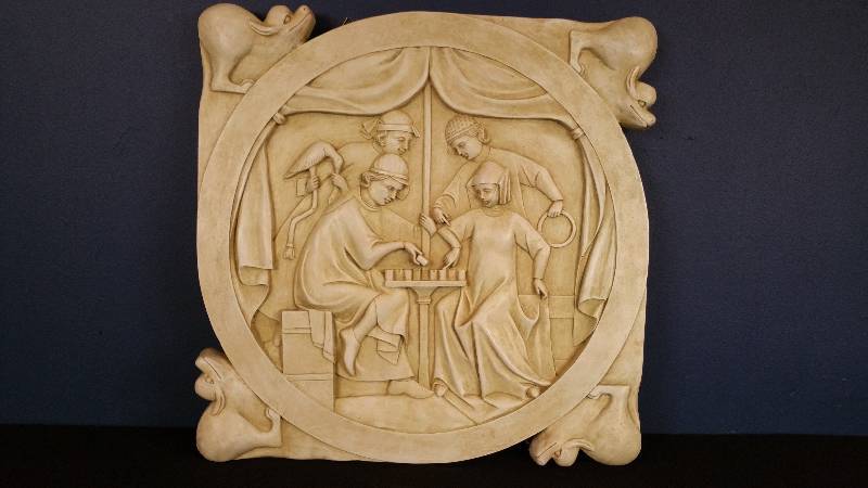 lot 100 image: Design Toscano Two-Sided Chess Motif and Chess Board