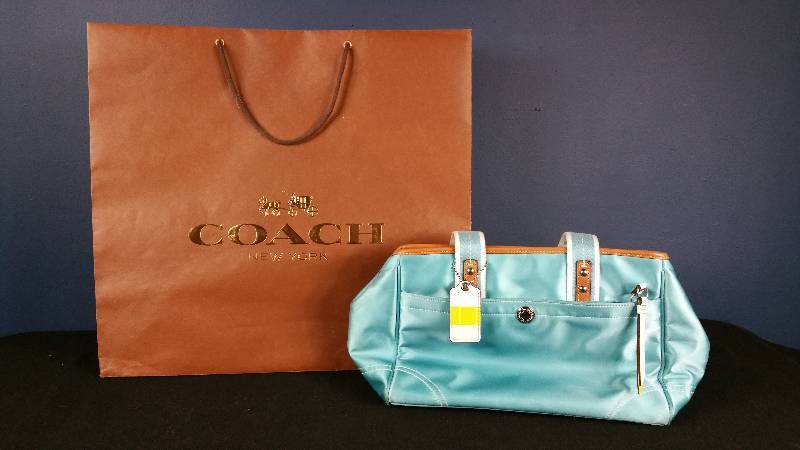 lot 121 image: Authentic Coach Azure Blue Satin Hamptons Tote Purse