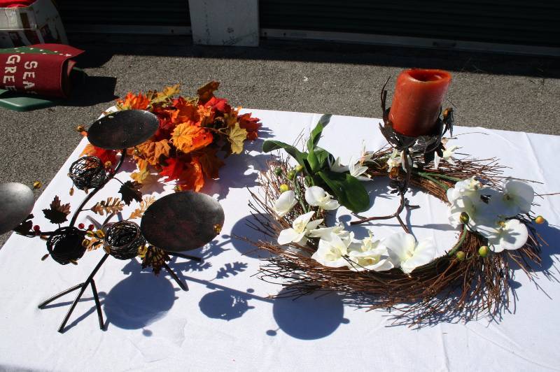 Spring wreath, fall wreath, and 2 fall candle holders