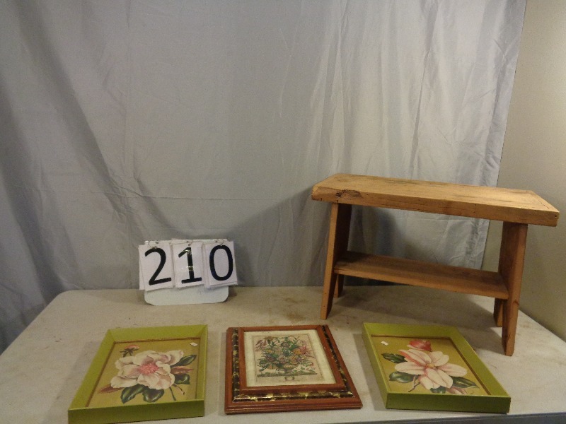lot 210 image: Wood Stool and Pictures