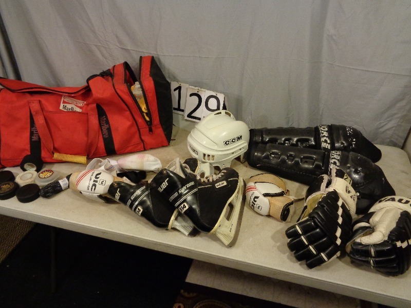lot 129 image: Marlboro Duffel Bag with Assorted Hockey Gear
