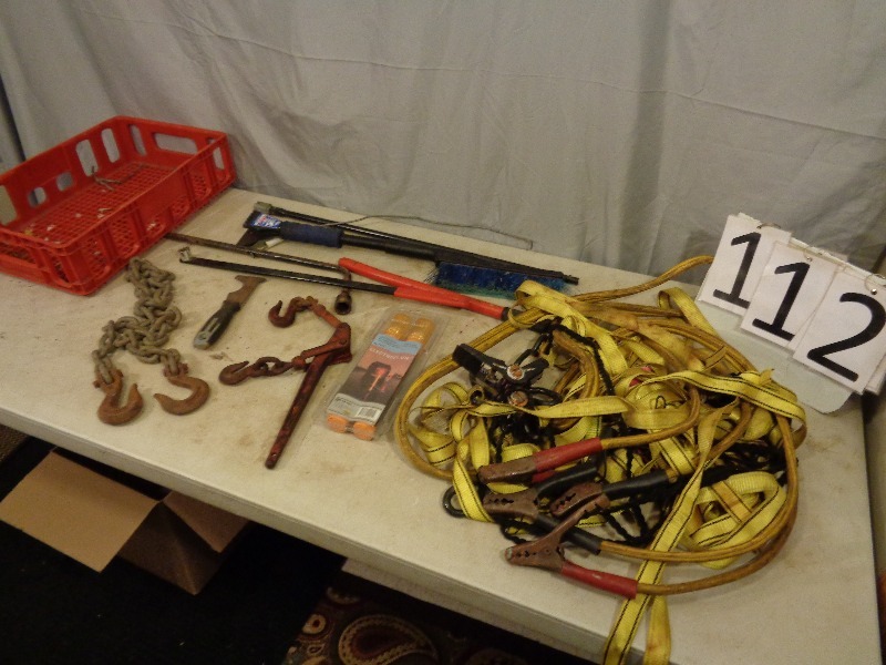 lot 112 image: Jumper Cables, Ratchet Straps, and Tools