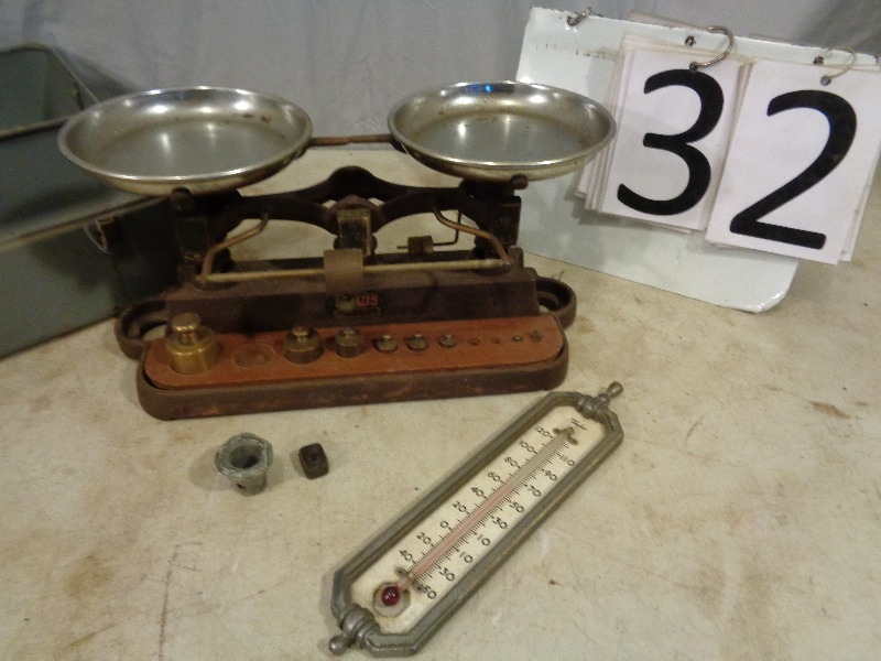 lot 32 image: Vintage Ohaus Scale and Thermometer