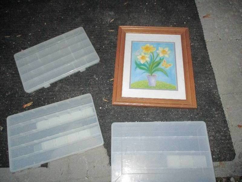 lot 108 image: Flower picture and 3 plastic compar...