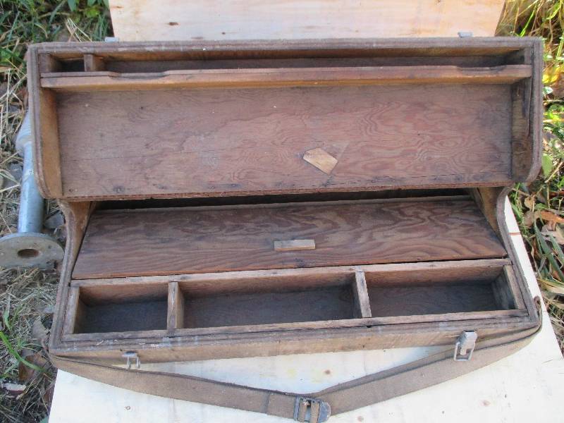lot 16 image: wood box with cloth handle strap 33...