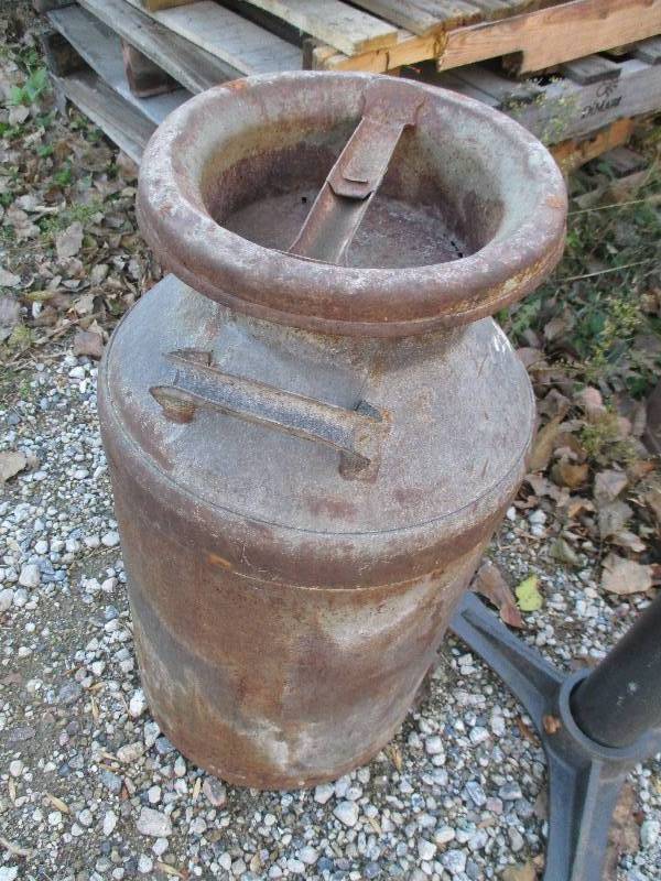 lot 57 image: antique metal milk can with lid mar...