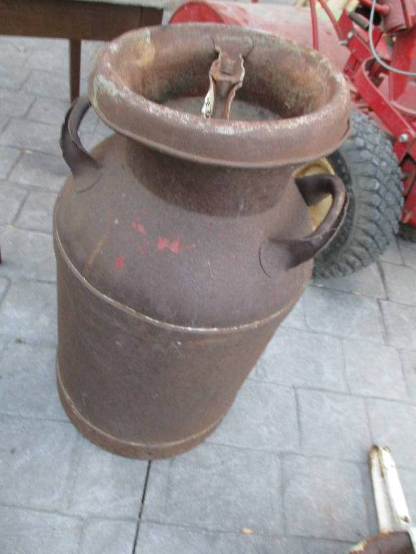 lot 65 image: metal milk can with lid marked hutc...