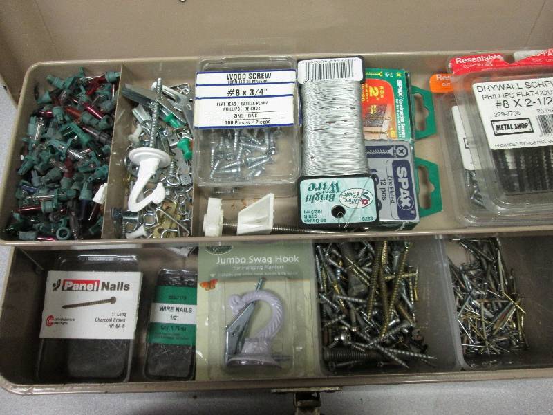 Metal Toolbox of misc screws, nails...