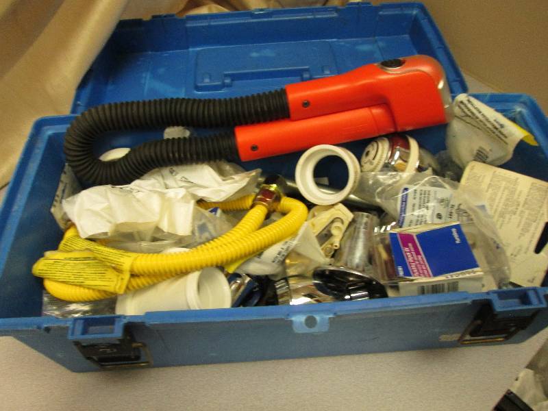 tool box of misc plumbing items all...