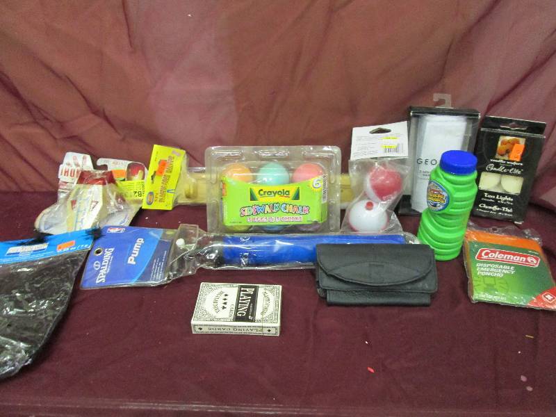 chalk,candles,poncho,air pump,lasti...