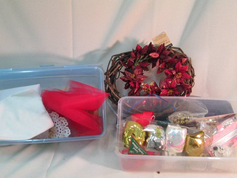 beads,ribbon,wreath,hot glue sticks...
