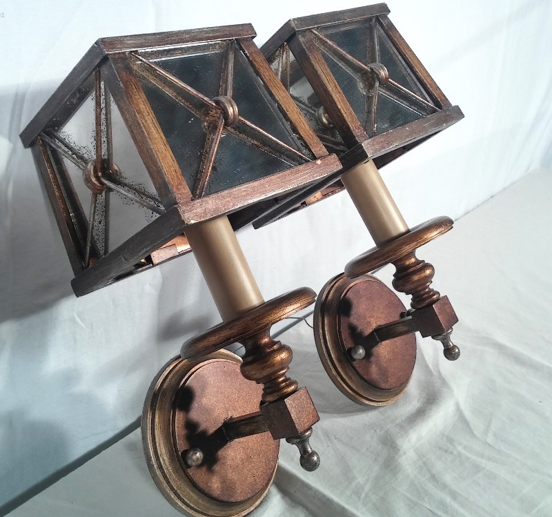Retro Wood, Brass & Mirrored Electric Wall Sconses (very nice condition)