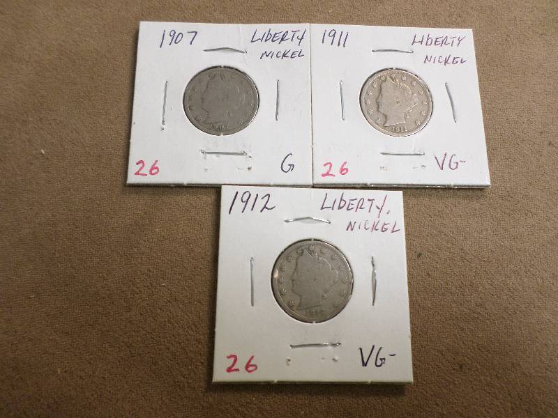 1907 G, 1911 VG-, 1912 VG-, Liberty...