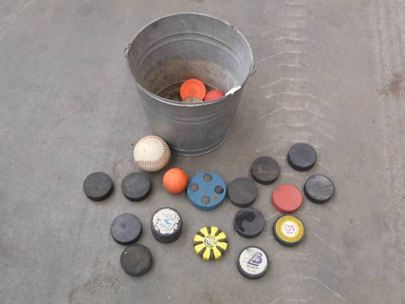 Bucket Of Misc Hockey Pucks, Etc ...