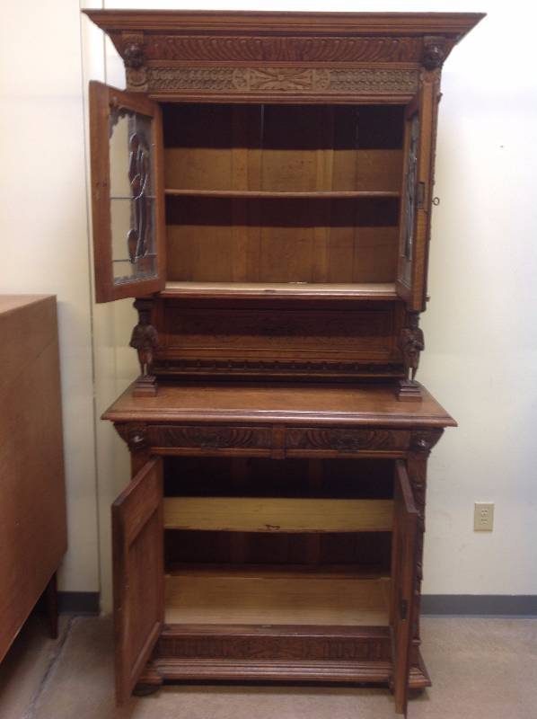 Hand Carved French Oak Cabinet w Stained Glass - Lions & Figurals