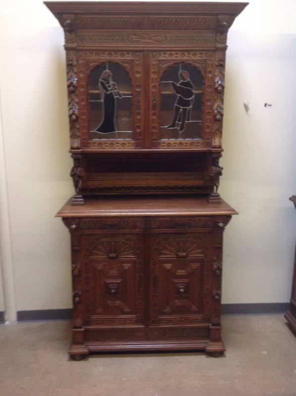 Hand Carved French Oak Cabinet w Stained Glass - Lions & Figurals