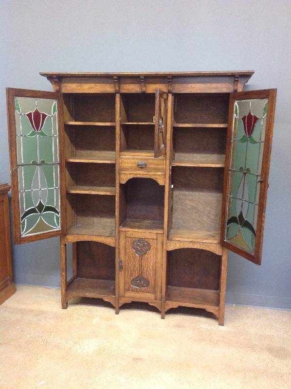 English Arts and Crafts  Art Nouveau Tiger Oak Glazed Carved Cabinet