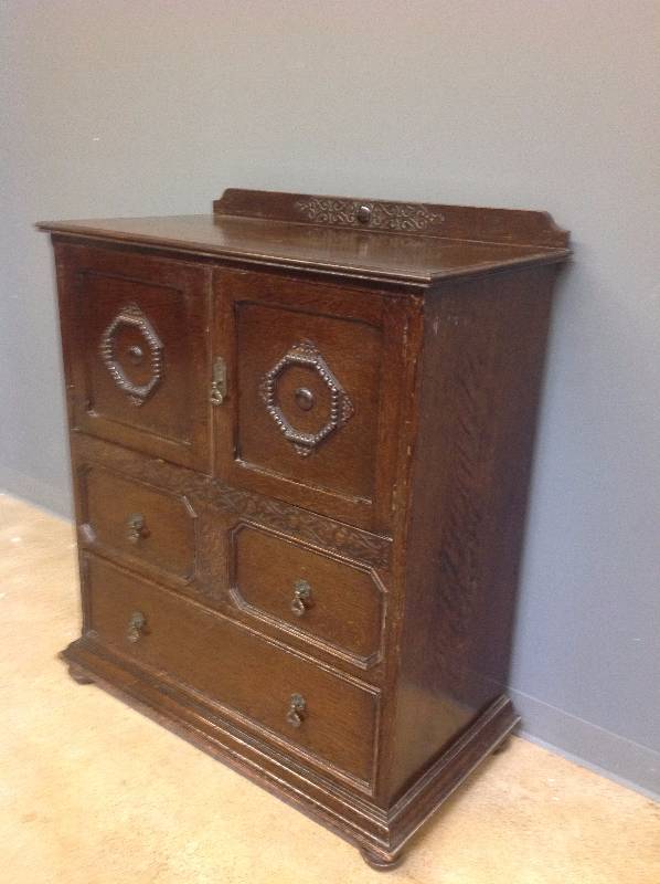 1920s Detailed English Oak Cabinet on Bun Feet