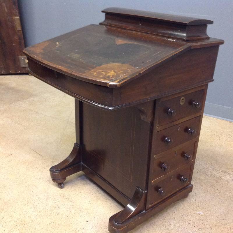 1860s Victorian Mahogany Davenport Desk w Satinwood Inlays.