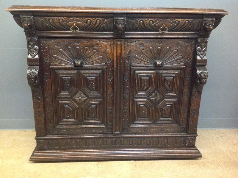 1880s Victorian Ornate Oak Cabinet w Egyptian Influence