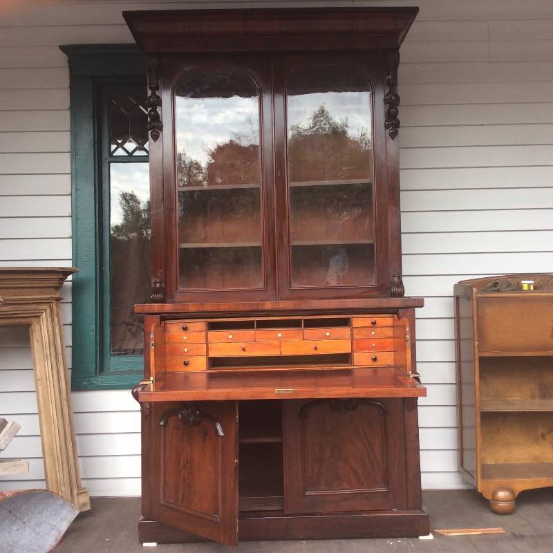 1880s Victorian Mahogany & Walnut Carved Secretary Desk and Bookcase