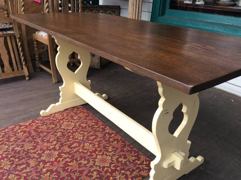1930s English Oak Refectory Table w Painted Lyre Base