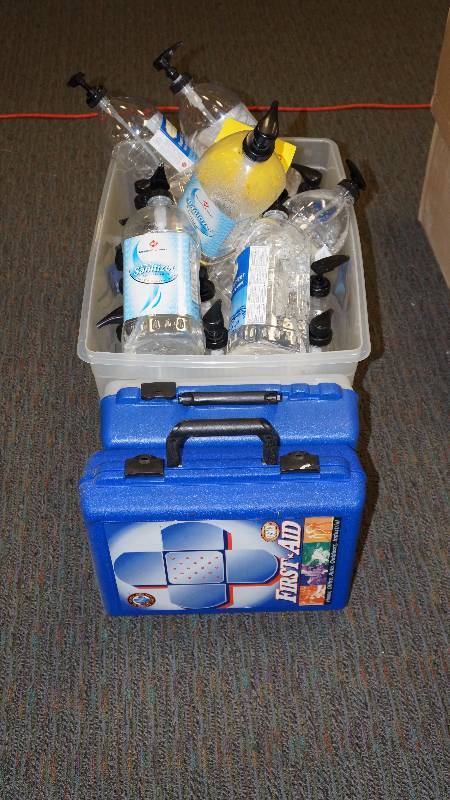 Tote of Hand Sanitizer and 2 First Aid Kits