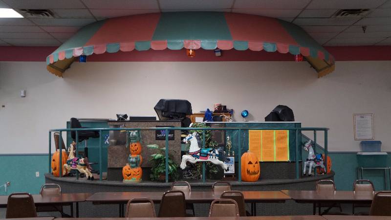 Large Semi Circle Platform with Awning, Handrail & Carousel Horses
