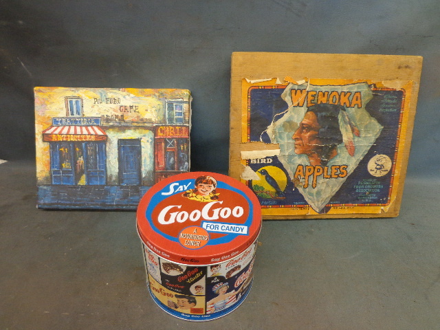 lot 222 image: Wenoka Apples Add Plaque, Canvas Painting & GooGoo Tin