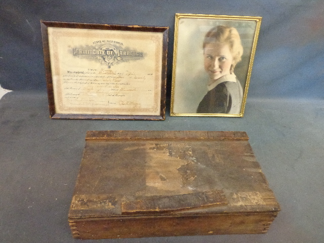 lot 231 image: Tobacco Box & Older Marriage Certificate