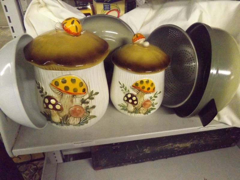 2 Mushroom Canisters, Green Metal Bun Warmer, more