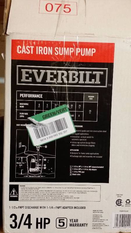 Everbilt Cast Iron Sump Pump 34 HP