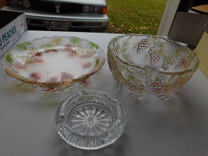 clear cut glass ashtray and two grape glass serving items