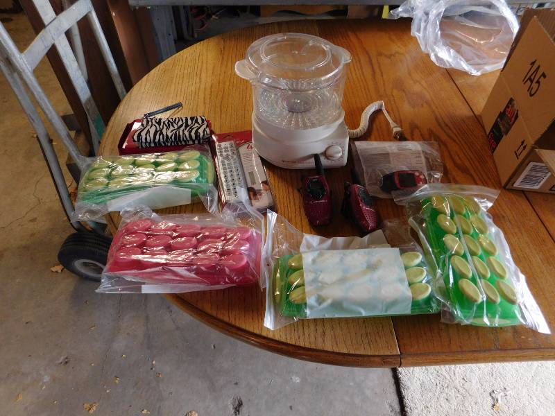 household, steamer, colored ice cube trays, Yahtzee game and walkie talkies