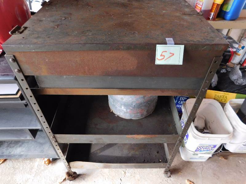 vintage metal shop cart with large box on top with lid that lifts up