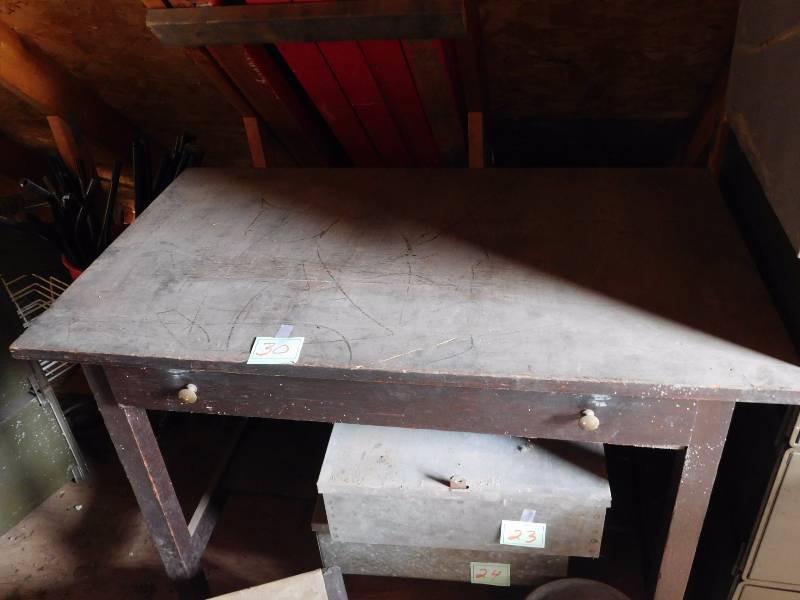 vintage wooden farm desk with drawer