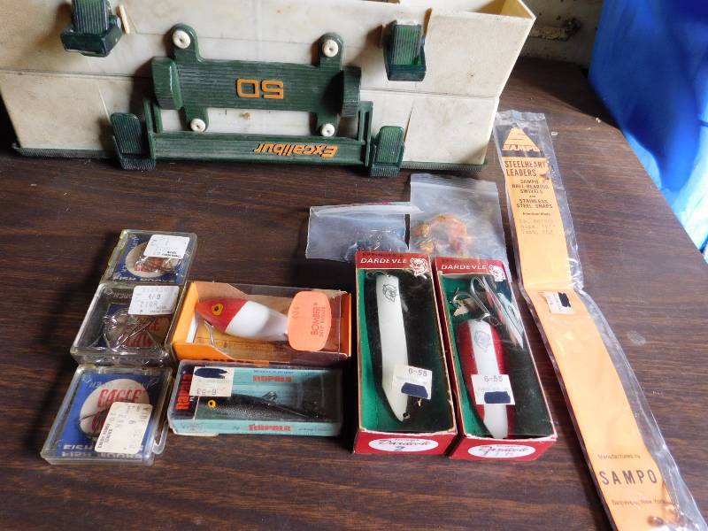 fishing items, bocce ball set, two folding chairs and more see photos
