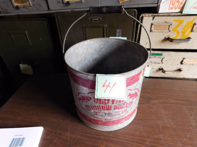 vintage old pal galvanized minnow bucket with nails, hinges and a clamp or two