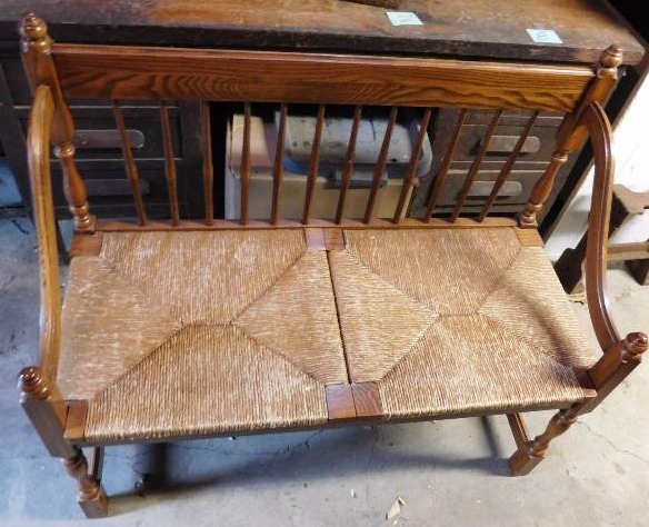 Very nice oak settee with woven rush seat