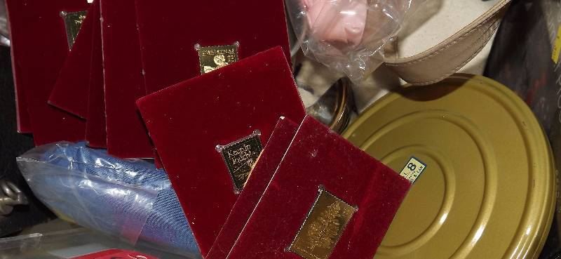 lot 89 image: Box of Misc. Gold Plated Stamps, Old Camera & More