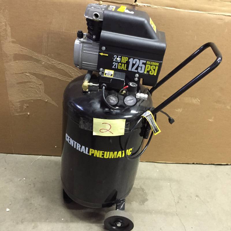 lot 2 image: Central Pneumatic 21 gal. 2.5 HP 125 PSI Cast Iron Vertical Air Compressor Tested Works