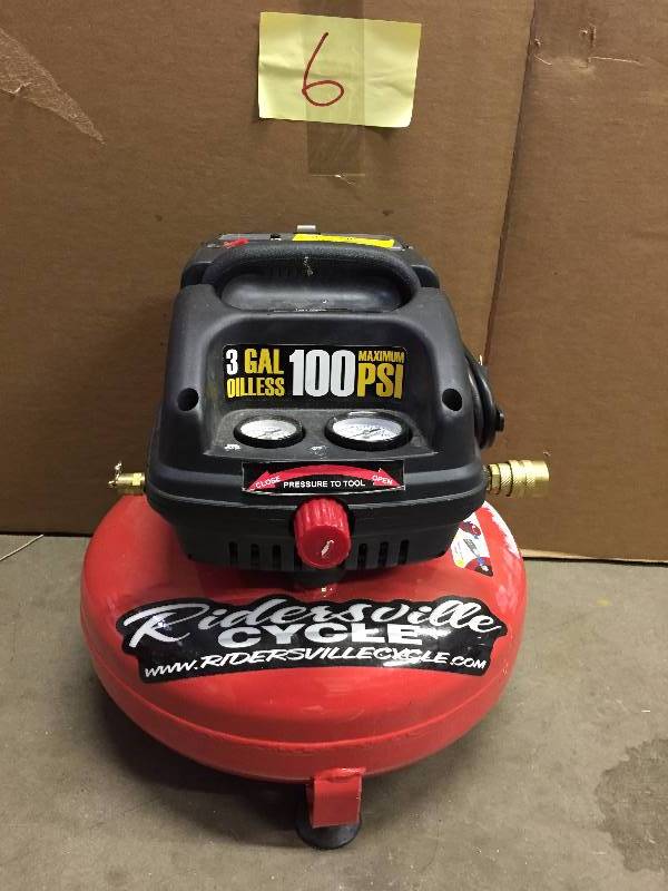 lot 6 image: Central Pneumatic 3 gal. 13 HP 100 PSI Oilless Pancake Air Compressor used tested works