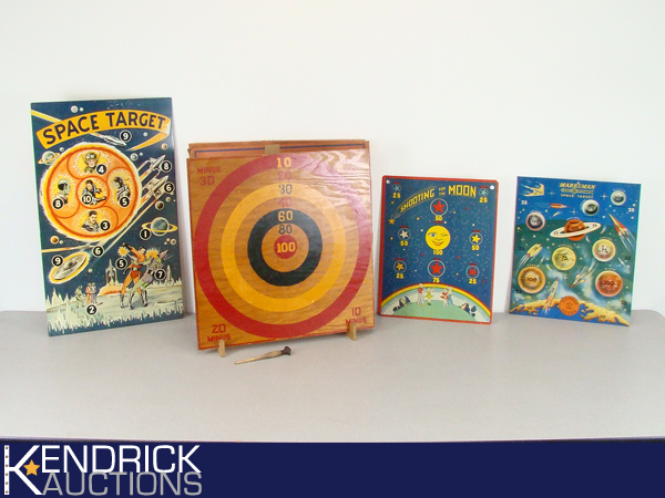 lot 15 image: 4 Vintage Metal and Wood Dart Target Boards