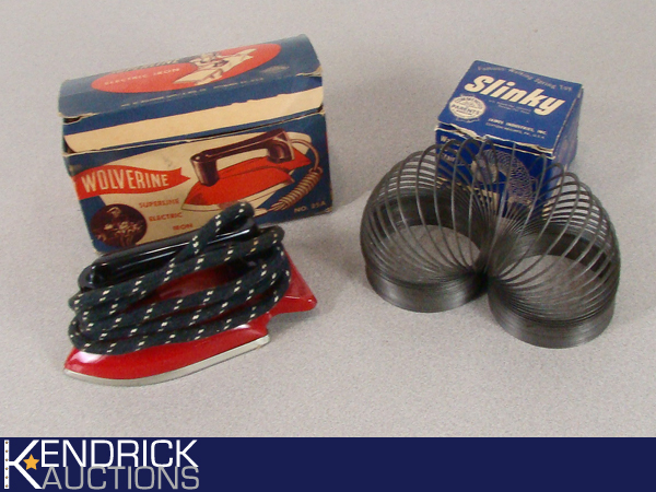 lot 17 image: Vintage Mint in Box Toy Slinky, and Toy Electric Iron